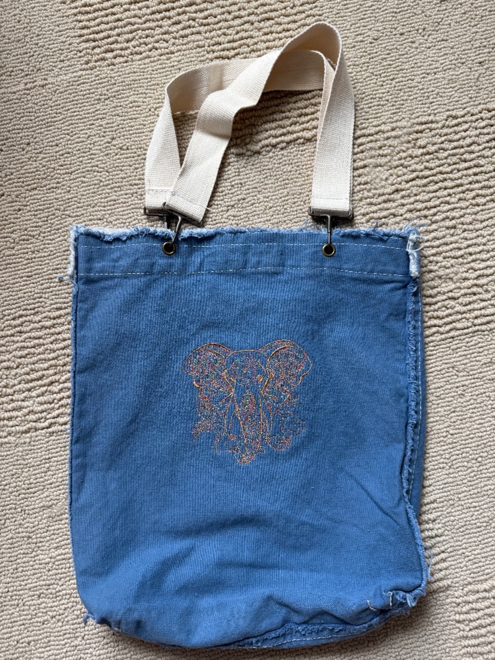 Blue cotton elephant embroidery tote